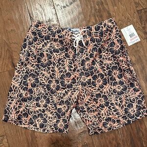 Tropical Floral Men's Swim Shorts - Navy and Orange